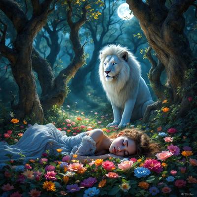 The primary subject of the image is a woman lying on the ground surrounded by flowers. The setting is a forest with trees and a moon in the background. The visual style is a digital art illustration, creating a surreal and dreamy atmosphere. The dominant colors are shades of pink, purple, and yellow, which contribute to the overall mood of the scene.